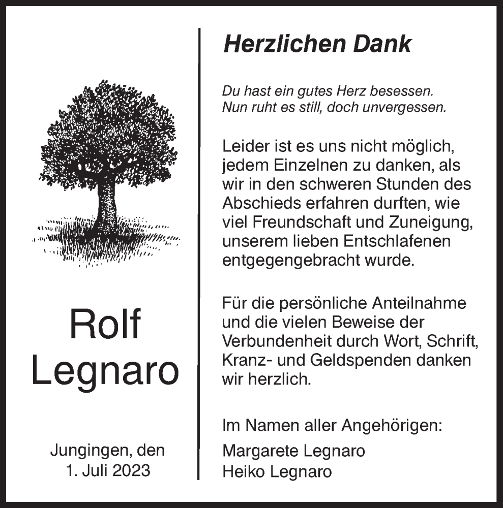  Traueranzeige für Rolf Legnaro vom 01.07.2023 aus Hohenzollerische Zeitung