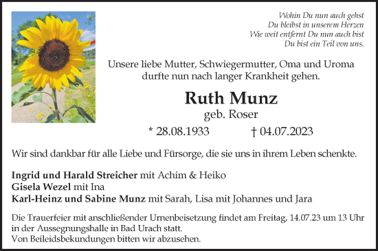 Traueranzeige von Ruth Munz von SÜDWEST PRESSE/SÜDWEST PRESSE
