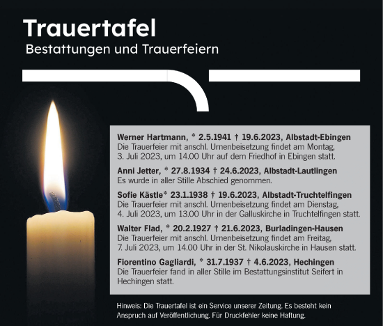 Traueranzeige von Totentafel vom 01.07.2023 von Hohenzollerische Zeitung
