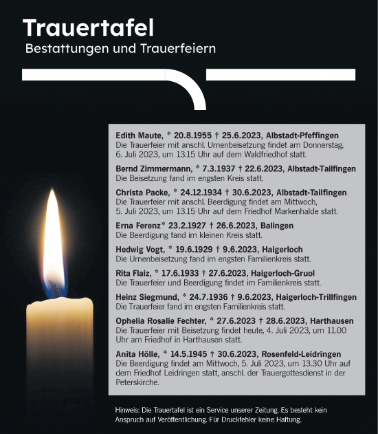 Traueranzeige von Totentafel vom 04.07.2023 von Hohenzollerische Zeitung