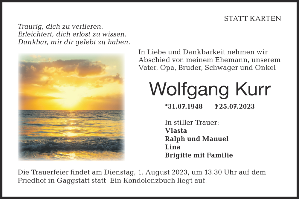  Traueranzeige für Wolfgang Kurr vom 29.07.2023 aus Hohenloher Tagblatt