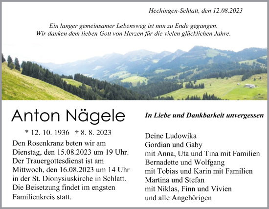 Traueranzeige von Anton Nägele von Hohenzollerische Zeitung