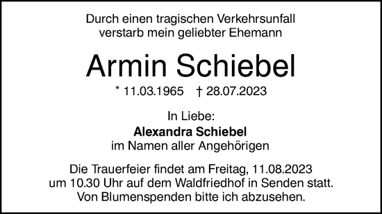 Traueranzeige von Armin Schiebel von SÜDWEST PRESSE Ausgabe Ulm/Neu-Ulm