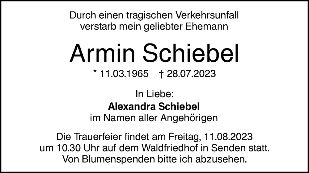  Traueranzeige für Armin Schiebel vom 05.08.2023 aus SÜDWEST PRESSE Ausgabe Ulm/Neu-Ulm