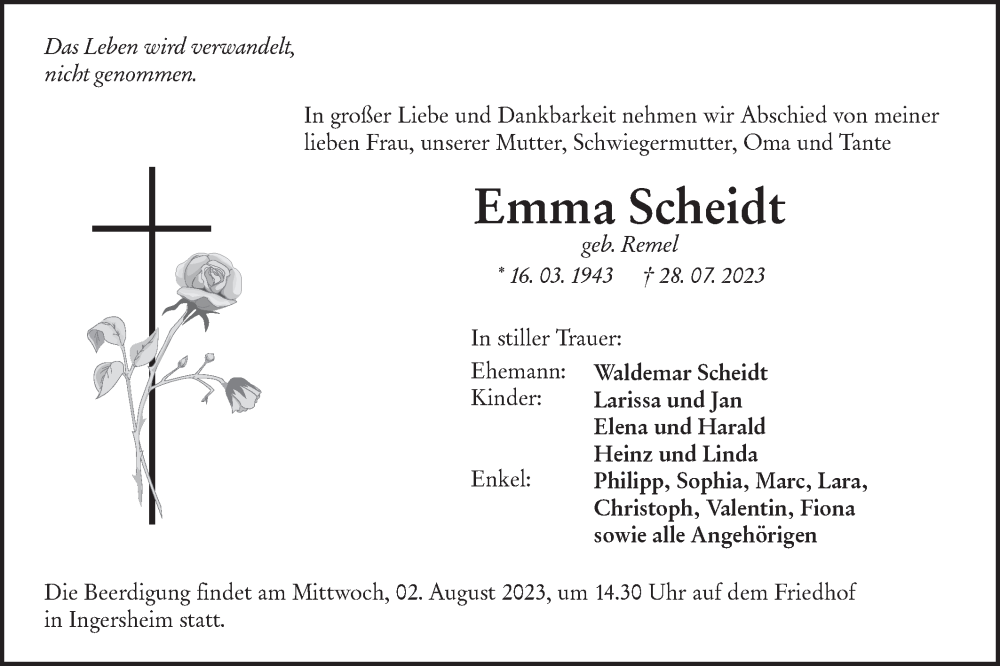  Traueranzeige für Emma Scheidt vom 01.08.2023 aus Hohenloher Tagblatt