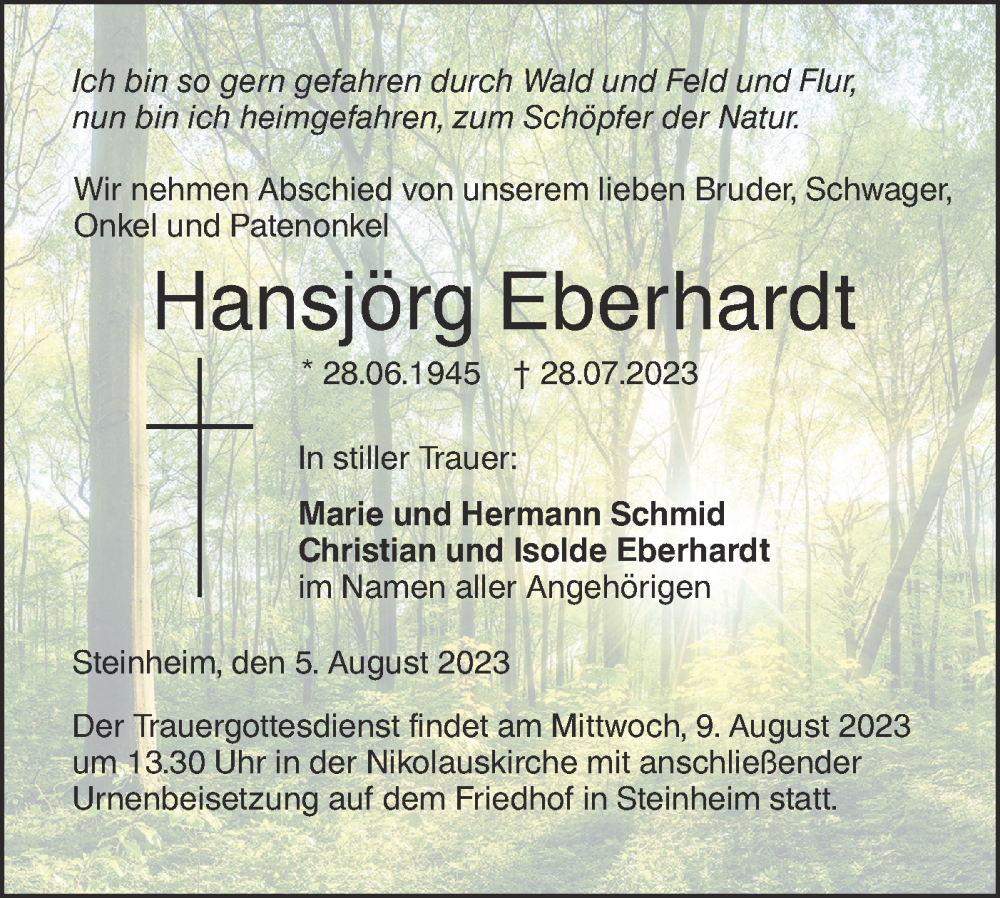 Traueranzeige für Hansjörg Eberhardt vom 05.08.2023 aus SÜDWEST PRESSE Ausgabe Ulm/Neu-Ulm