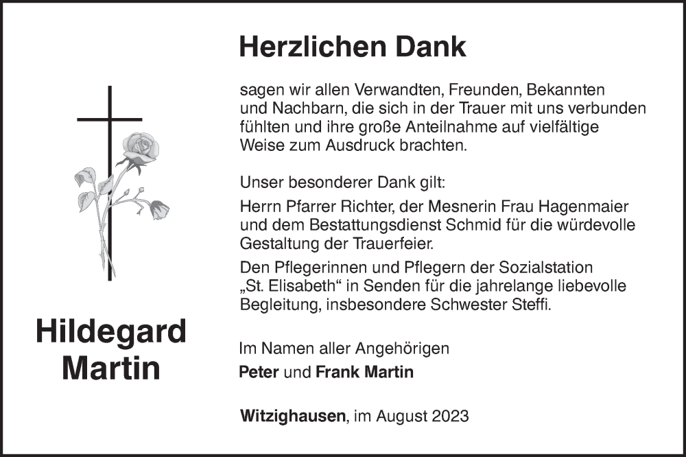  Traueranzeige für Hildegard Martin vom 28.08.2023 aus SÜDWEST PRESSE Ausgabe Ulm/Neu-Ulm