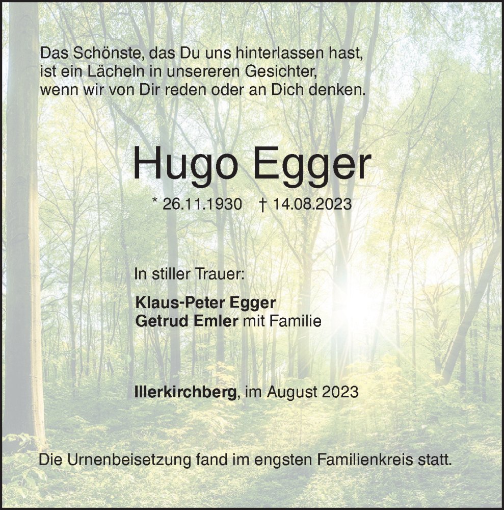  Traueranzeige für Hugo Egger vom 30.08.2023 aus SÜDWEST PRESSE Ausgabe Ulm/Neu-Ulm