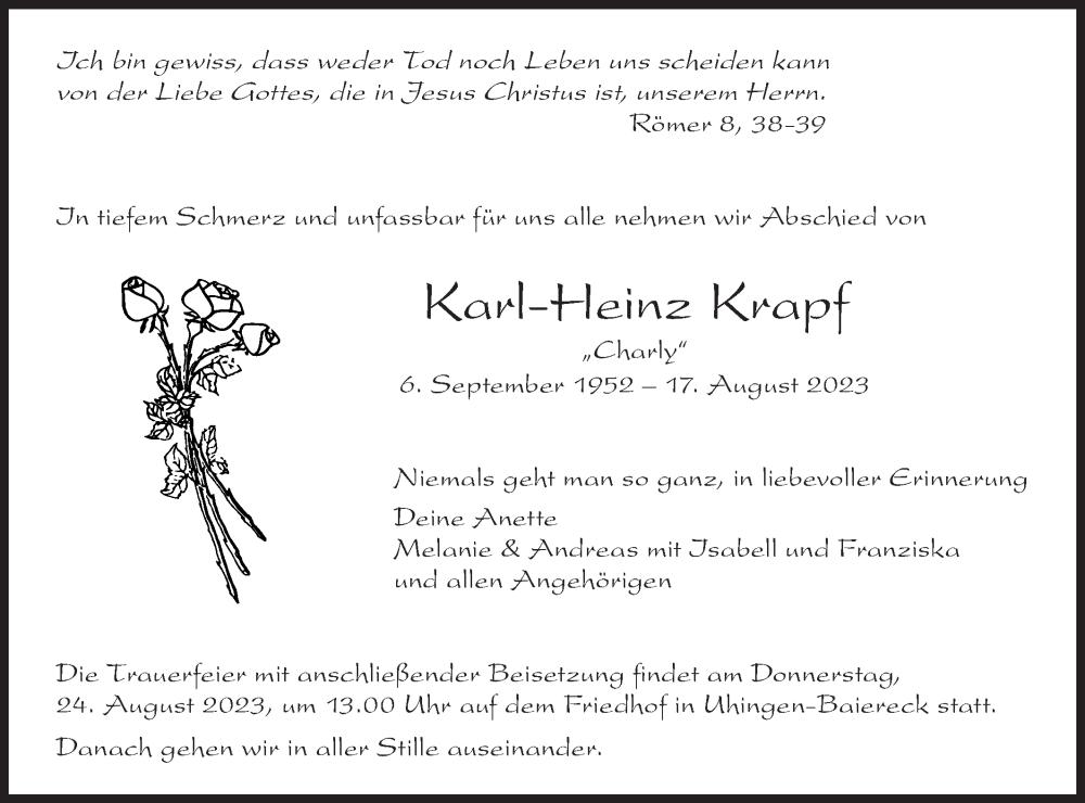  Traueranzeige für Karl-Heinz Krapf vom 22.08.2023 aus NWZ Neue Württembergische Zeitung