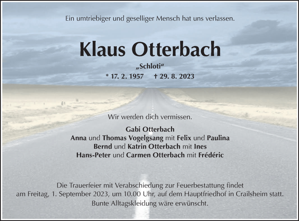  Traueranzeige für Klaus Otterbach vom 31.08.2023 aus Hohenloher Tagblatt