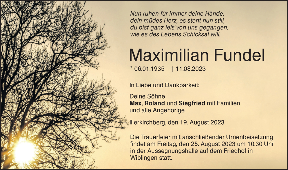  Traueranzeige für Maximilian Fundel vom 19.08.2023 aus SÜDWEST PRESSE Ausgabe Ulm/Neu-Ulm