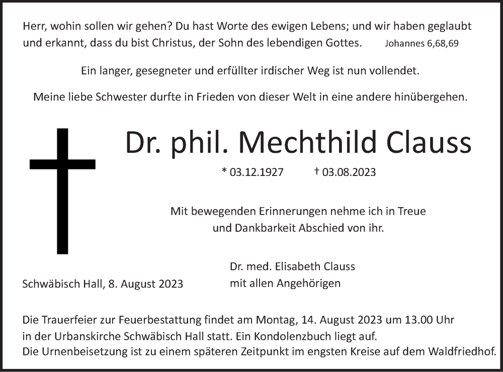  Traueranzeige für Mechthild Clauss vom 08.08.2023 aus Haller Tagblatt