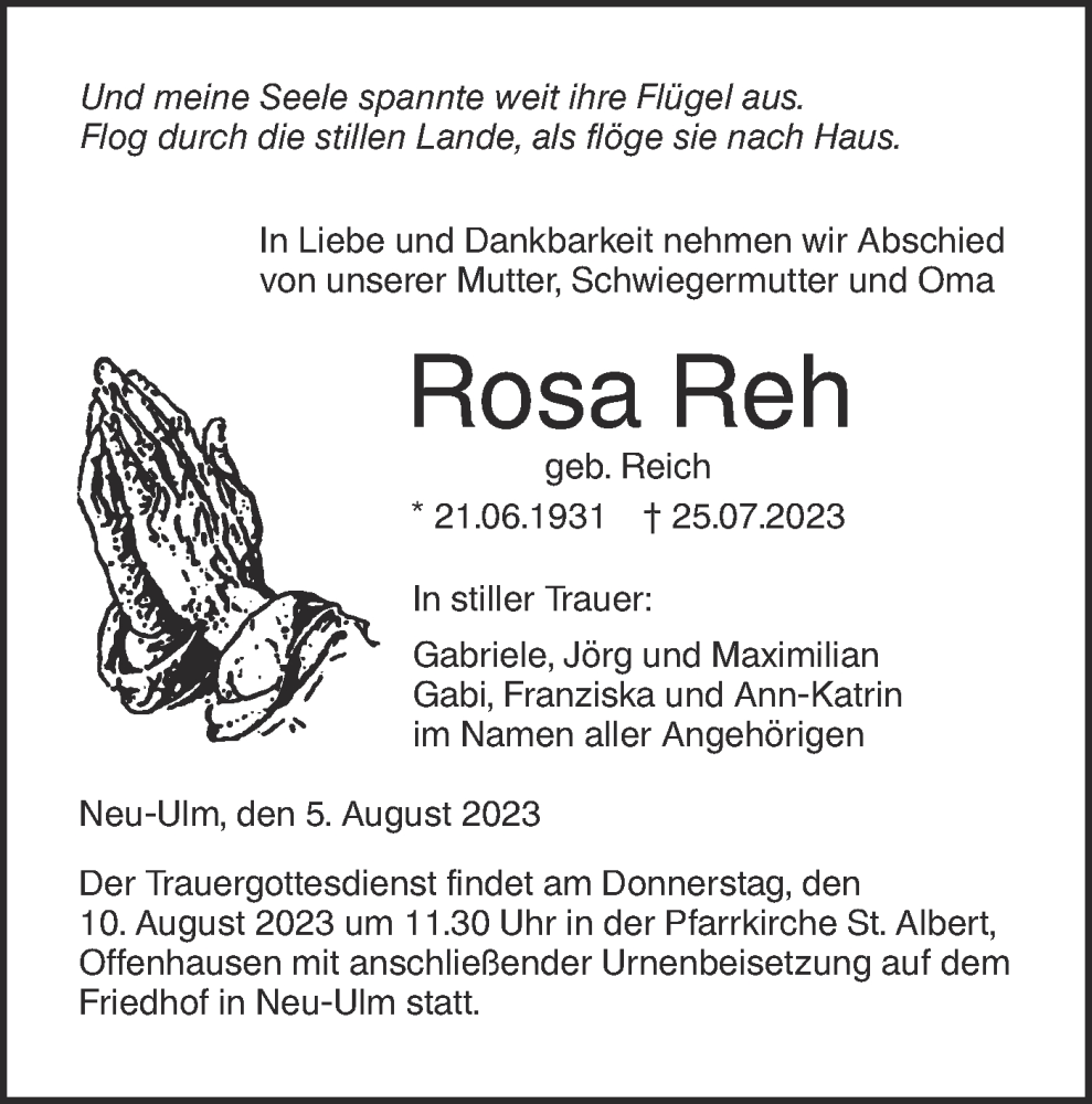  Traueranzeige für Rosa Reh vom 05.08.2023 aus SÜDWEST PRESSE Ausgabe Ulm/Neu-Ulm