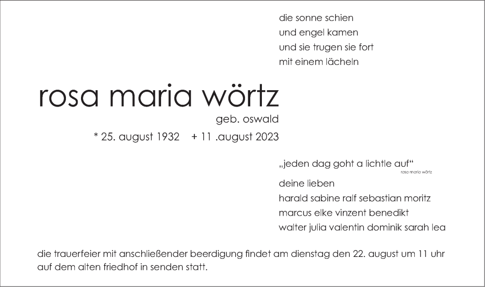  Traueranzeige für Rosa Maria Wörtz vom 19.08.2023 aus SÜDWEST PRESSE Ausgabe Ulm/Neu-Ulm