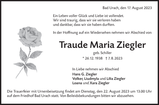 Traueranzeige von Traude Mariar Ziegler von SÜDWEST PRESSE/SÜDWEST PRESSE