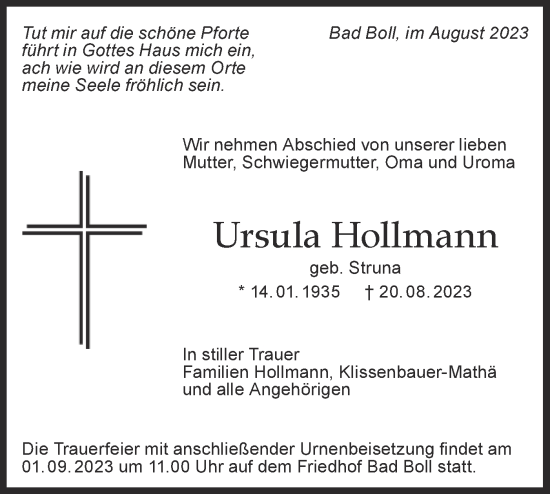 Traueranzeige von Ursula Hollmann von NWZ Neue Württembergische Zeitung