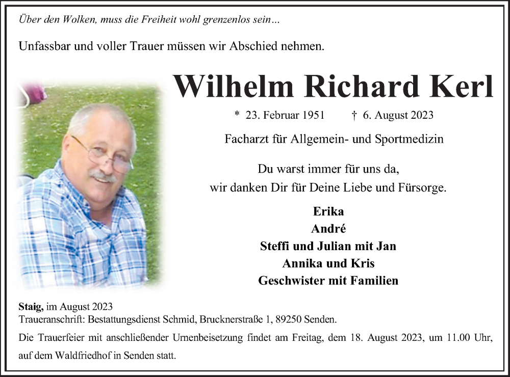  Traueranzeige für Wilhelm Richard Kerl vom 12.08.2023 aus SÜDWEST PRESSE Ausgabe Ulm/Neu-Ulm