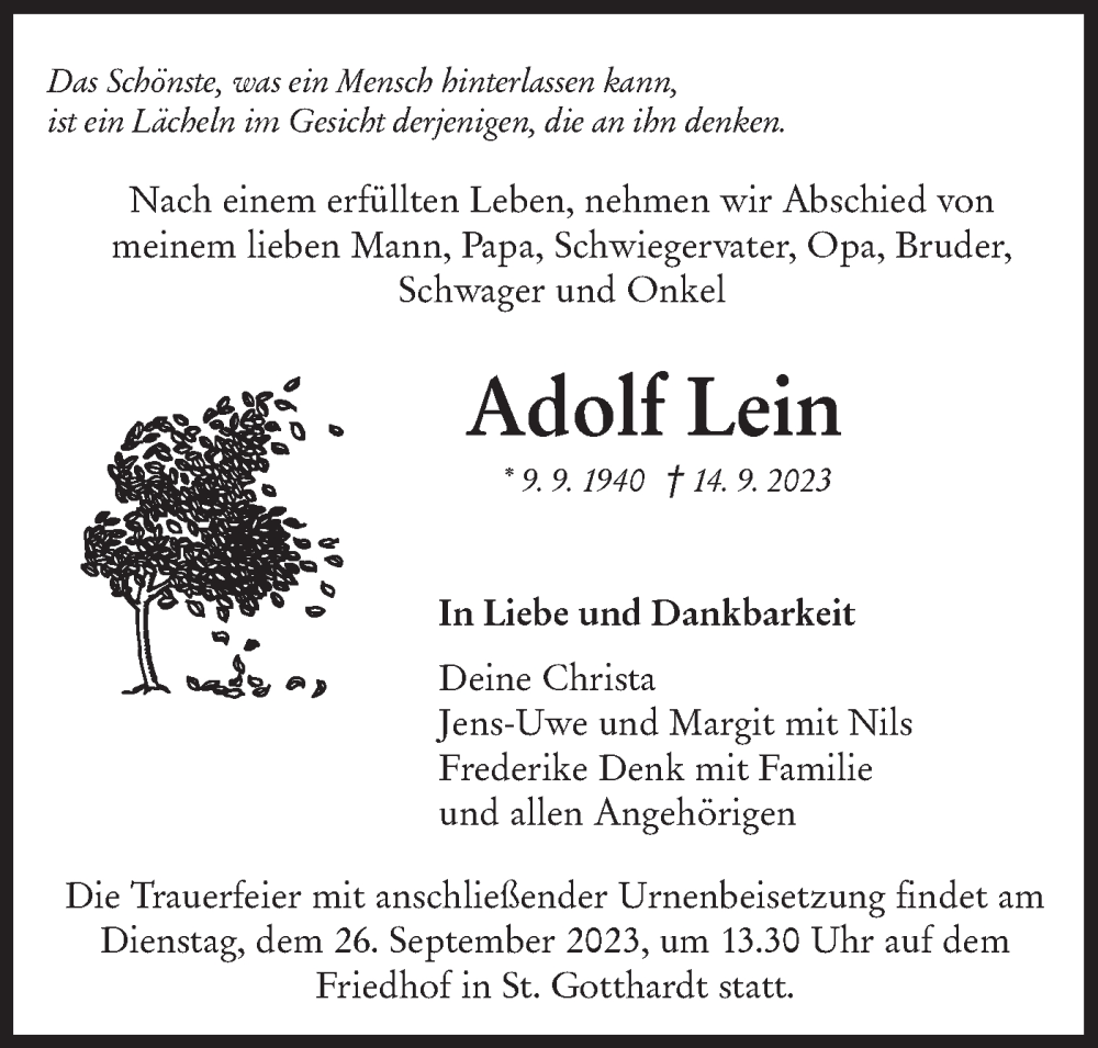  Traueranzeige für Adolf Lein vom 21.09.2023 aus NWZ Neue Württembergische Zeitung