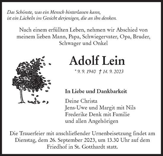 Traueranzeige von Adolf Lein von NWZ Neue Württembergische Zeitung