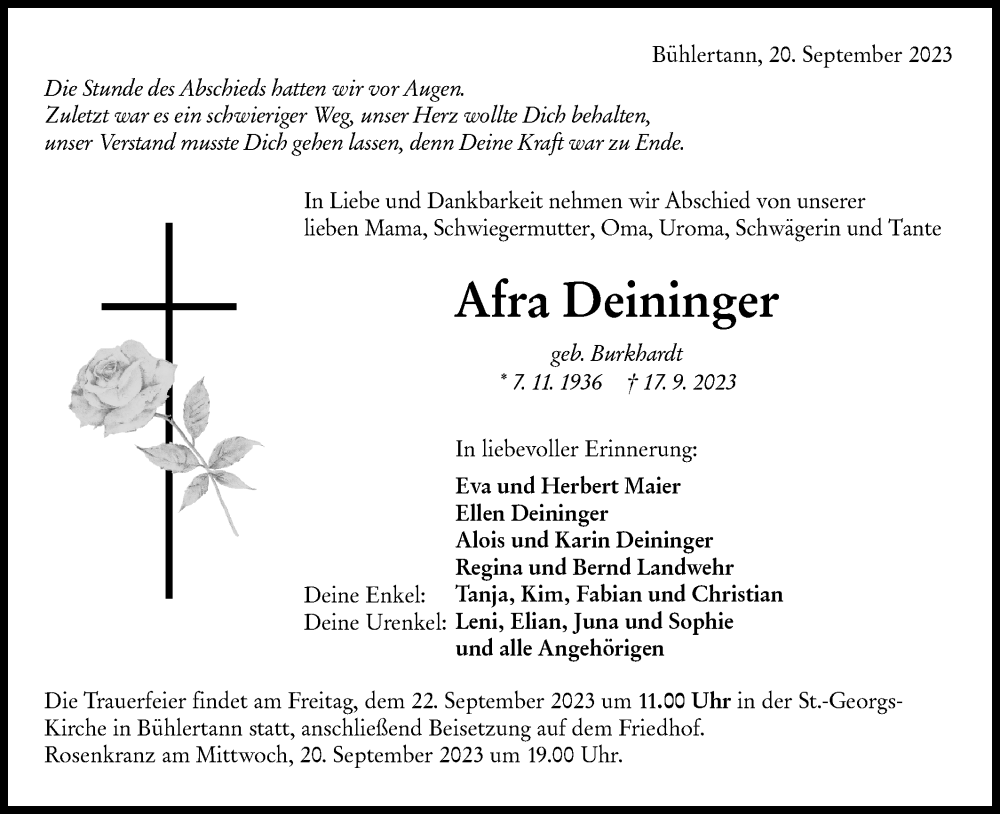  Traueranzeige für Afra Deininger vom 20.09.2023 aus Haller Tagblatt