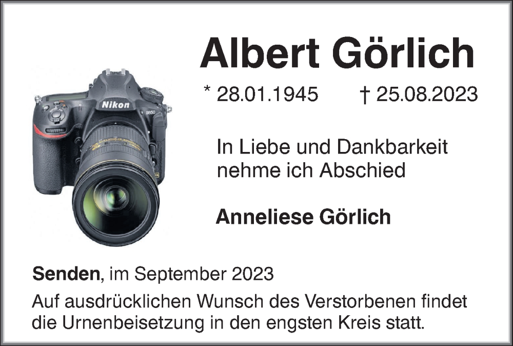  Traueranzeige für Albert Görlich vom 09.09.2023 aus SÜDWEST PRESSE Ausgabe Ulm/Neu-Ulm