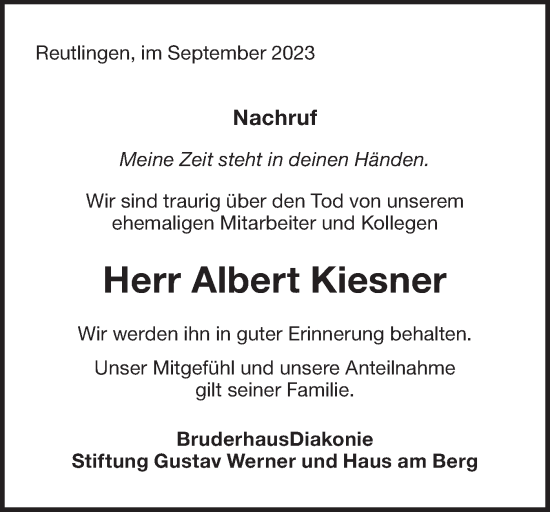 Traueranzeige von Albert Kiesner von SÜDWEST PRESSE/SÜDWEST PRESSE