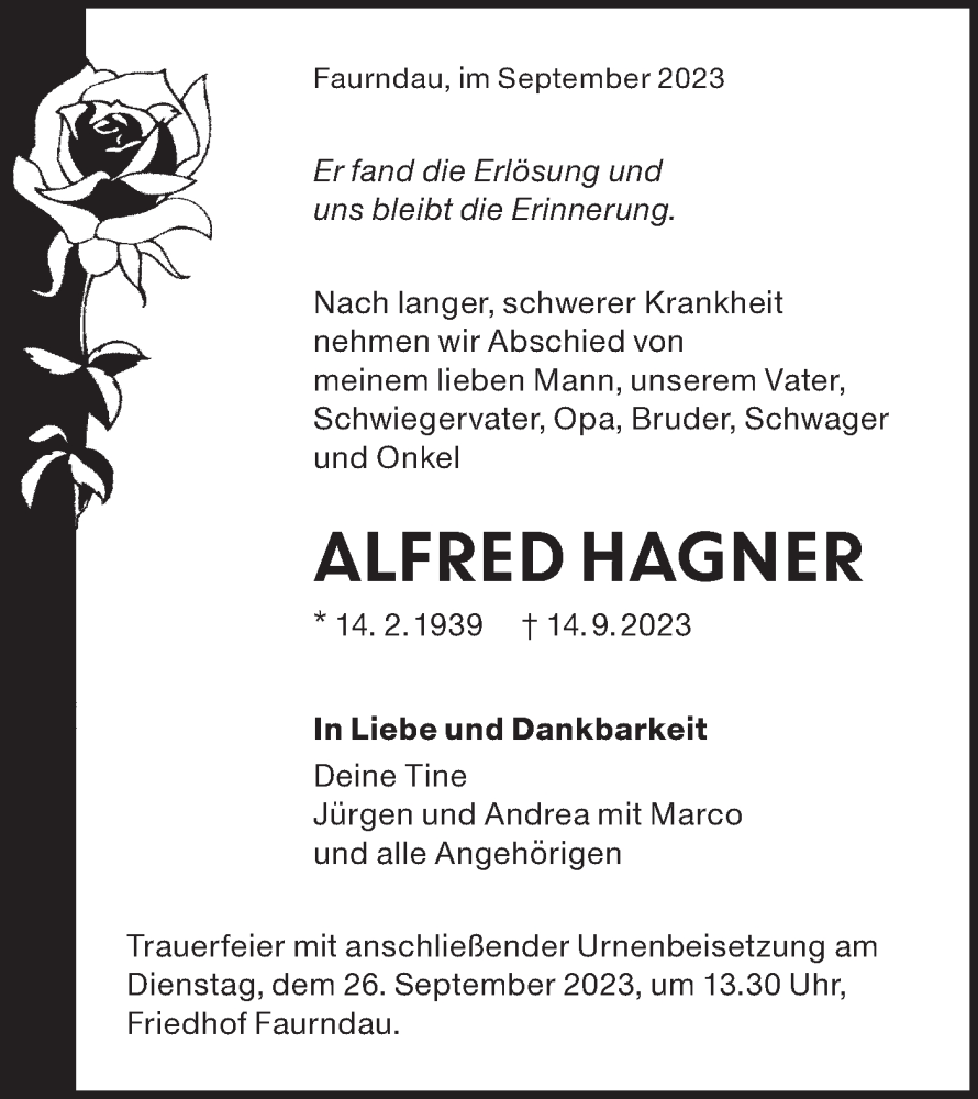  Traueranzeige für Alfred Hagner vom 21.09.2023 aus NWZ Neue Württembergische Zeitung