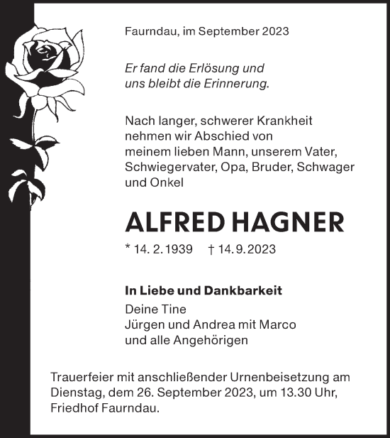 Traueranzeige von Alfred Hagner von NWZ Neue Württembergische Zeitung