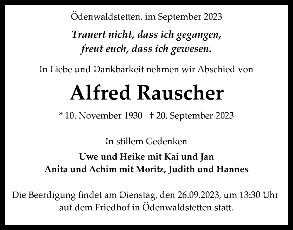  Traueranzeige für Alfred Rauscher vom 23.09.2023 aus Alb-Bote/Metzinger-Uracher Volksblatt