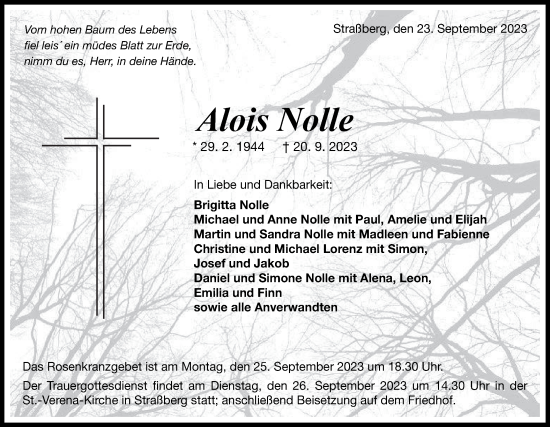 Traueranzeige von Alois Nolle von Hohenzollerische Zeitung/Zollern-Alb-Kurier