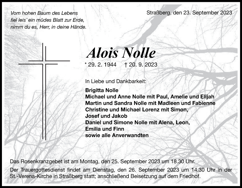  Traueranzeige für Alois Nolle vom 23.09.2023 aus Hohenzollerische Zeitung
