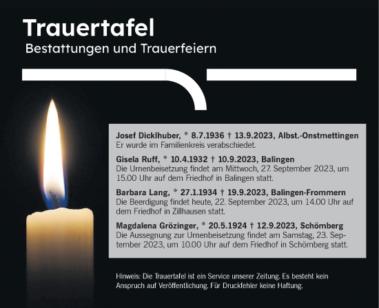Traueranzeige von Bestattungen vom 22.09.2023 von Hohenzollerische Zeitung
