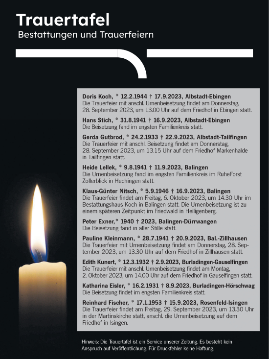 Traueranzeige von Bestattungen vom 26.09.2023 von Hohenzollerische Zeitung