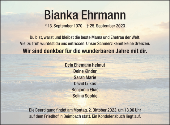 Traueranzeige von Bianka Ehrmann von Hohenloher Tagblatt