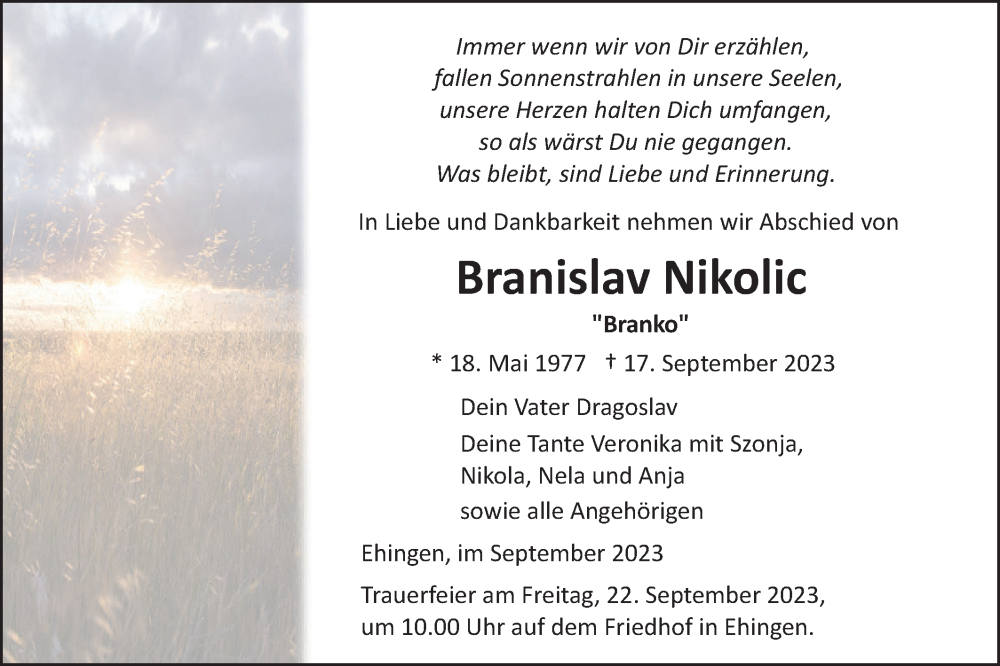 Traueranzeige für Branislav Nikolic vom 20.09.2023 aus Ehinger Tagblatt