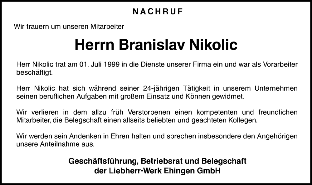  Traueranzeige für Branislav Nikolic vom 22.09.2023 aus Ehinger Tagblatt