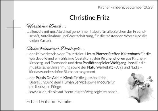 Traueranzeige von Christine Fritz von Rundschau Gaildorf