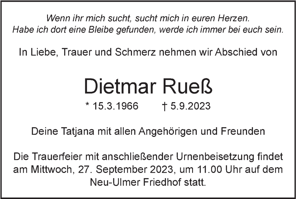  Traueranzeige für Dietmar Rueß vom 23.09.2023 aus SÜDWEST PRESSE Ausgabe Ulm/Neu-Ulm