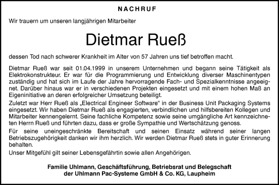 Traueranzeige von Dietmar Rueß von SÜDWEST PRESSE Ausgabe Ulm/Neu-Ulm