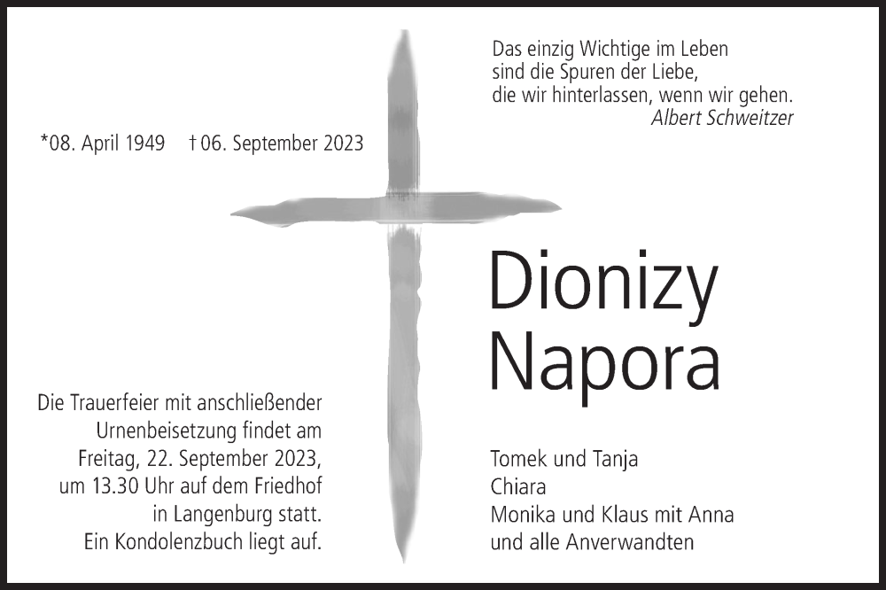  Traueranzeige für Dionizy Napora vom 19.09.2023 aus Hohenloher Tagblatt