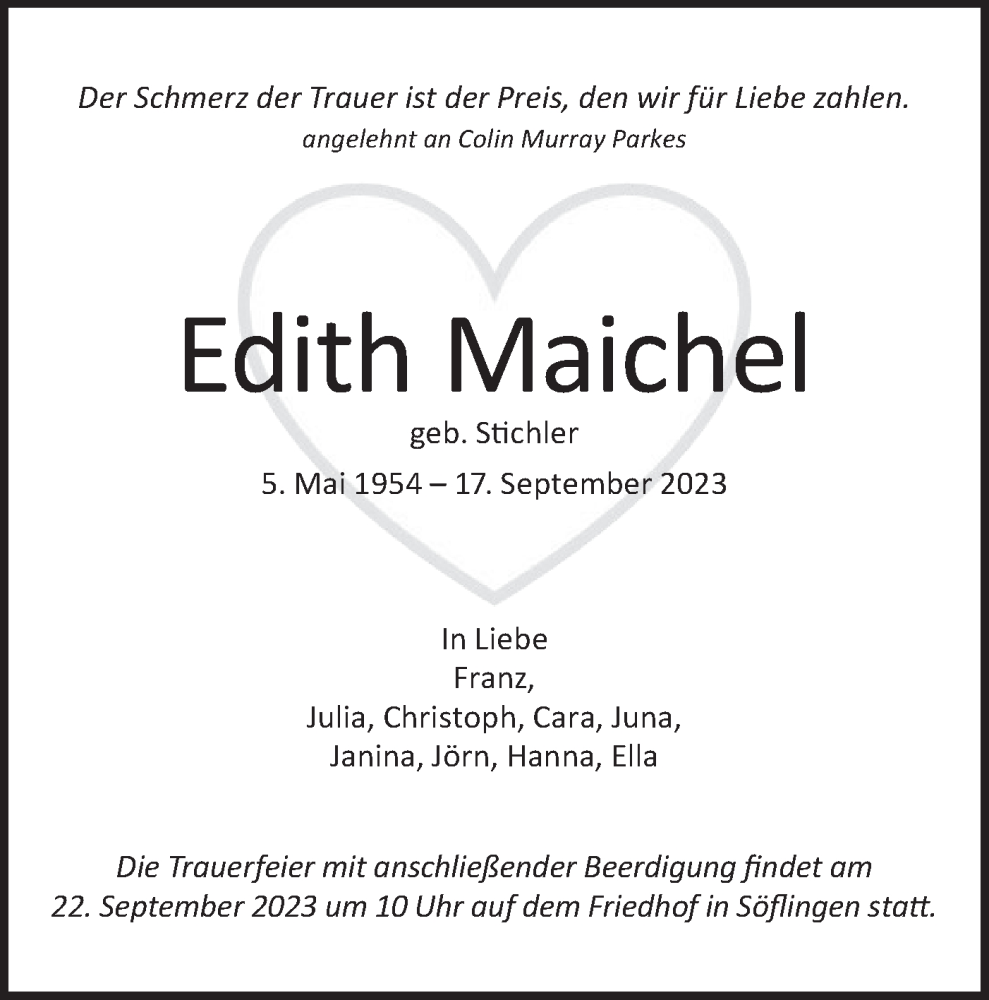  Traueranzeige für Edith Maichel vom 20.09.2023 aus SÜDWEST PRESSE Ausgabe Ulm/Neu-Ulm