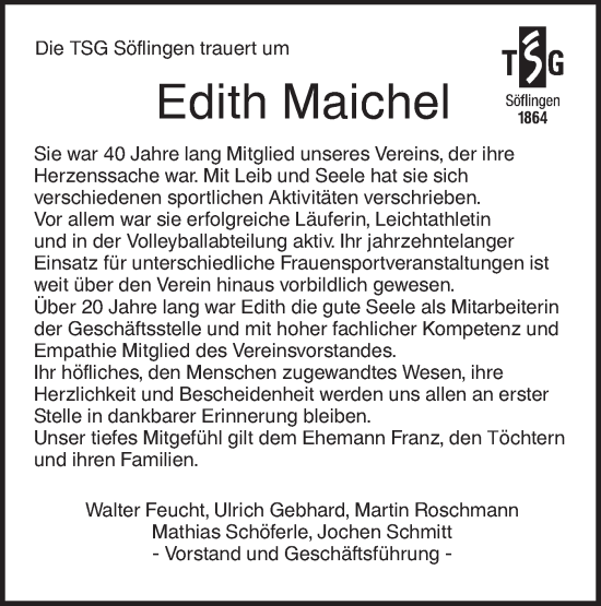 Traueranzeige von Edith Maichel von SÜDWEST PRESSE Ausgabe Ulm/Neu-Ulm