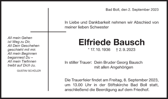 Traueranzeige von Elfriede Bausch von NWZ Neue Württembergische Zeitung