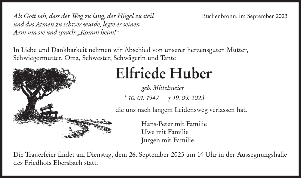  Traueranzeige für Elfriede Huber vom 22.09.2023 aus NWZ Neue Württembergische Zeitung