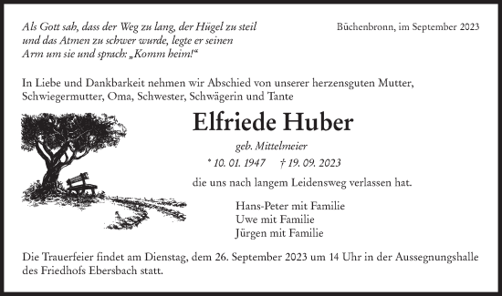 Traueranzeige von Elfriede Huber von NWZ Neue Württembergische Zeitung