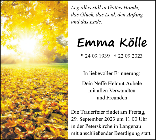 Traueranzeige von Emma Kölle von SÜDWEST PRESSE Ausgabe Ulm/Neu-Ulm