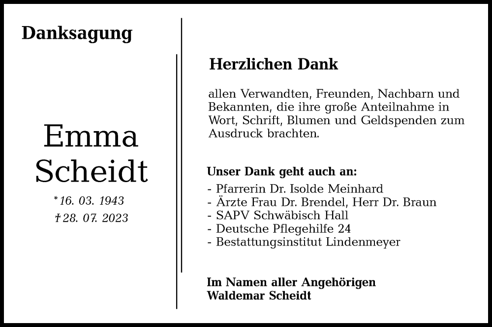  Traueranzeige für Emma Scheidt vom 19.09.2023 aus Hohenloher Tagblatt