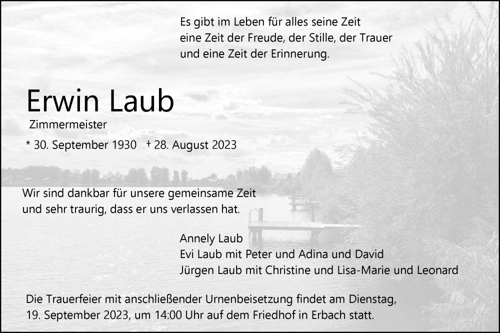  Traueranzeige für Erwin Laub vom 14.09.2023 aus SÜDWEST PRESSE Ausgabe Ulm/Neu-Ulm