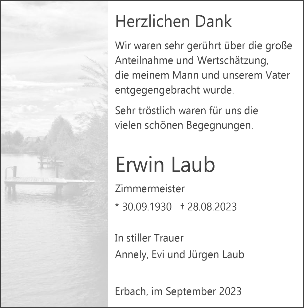  Traueranzeige für Erwin Laub vom 27.09.2023 aus SÜDWEST PRESSE Ausgabe Ulm/Neu-Ulm