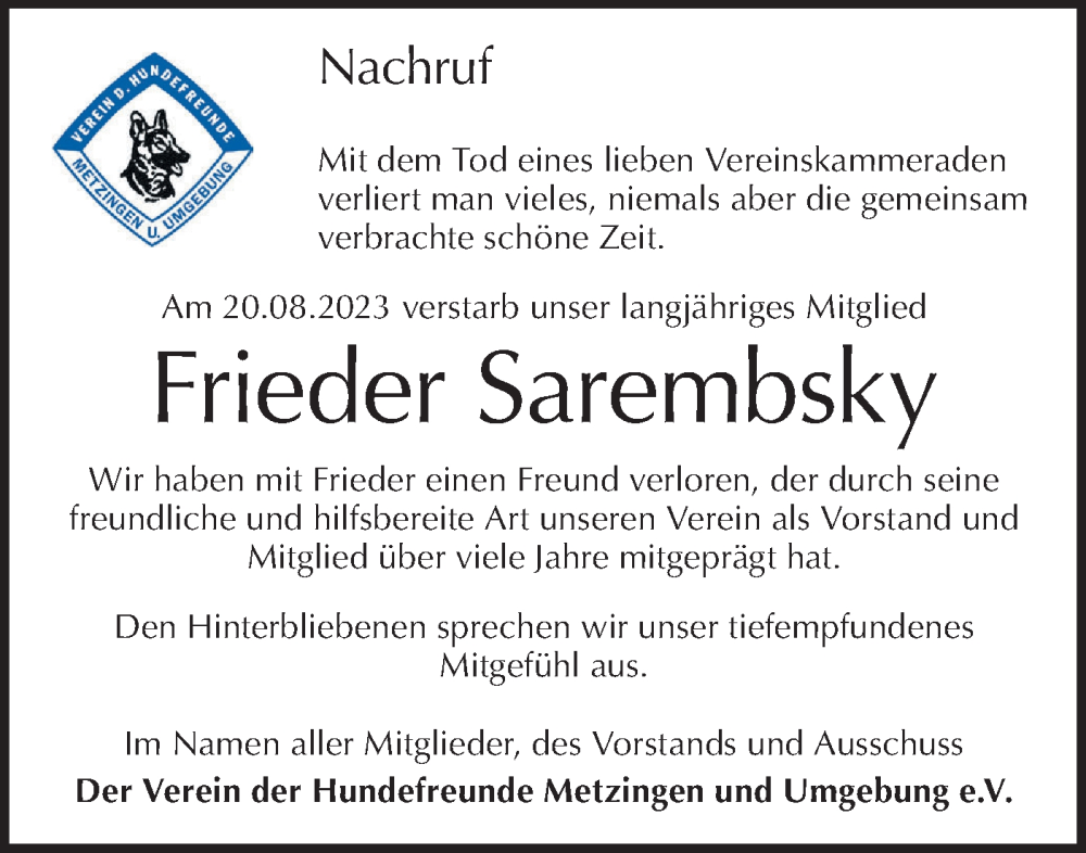  Traueranzeige für Frieder Sarembsky vom 21.09.2023 aus SÜDWEST PRESSE/SÜDWEST PRESSE